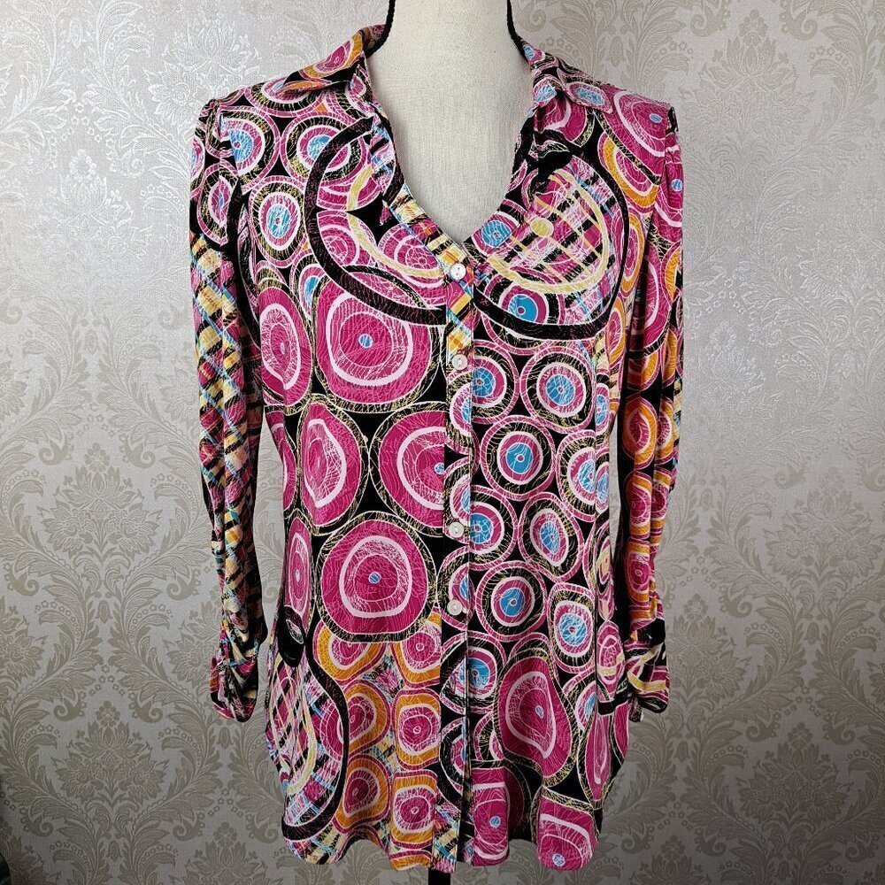 Peter Nygard Size M/L V-neck Button Front Shirt Geometric Print Ruched Sleeves
